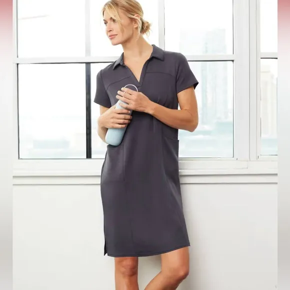 NEW J.jill Fit Sleek Double-knit Polo Dress In Slate Blue SIZE: PL