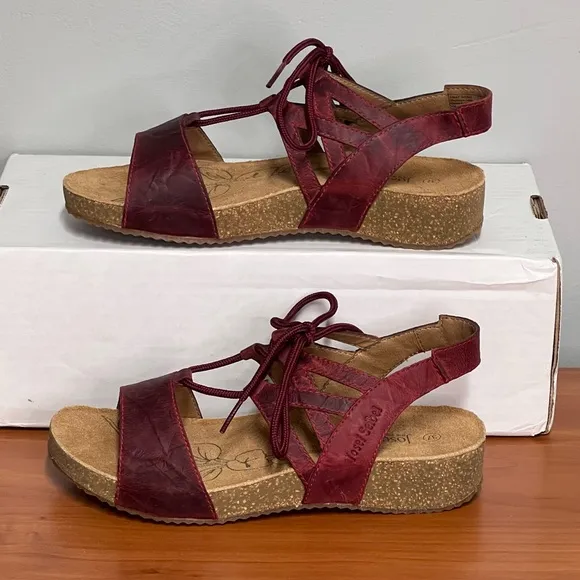 NEW Josef Seibel Tonga Burgundy Lace Up Tie Strap Sandals Size 37 US 6-6.5