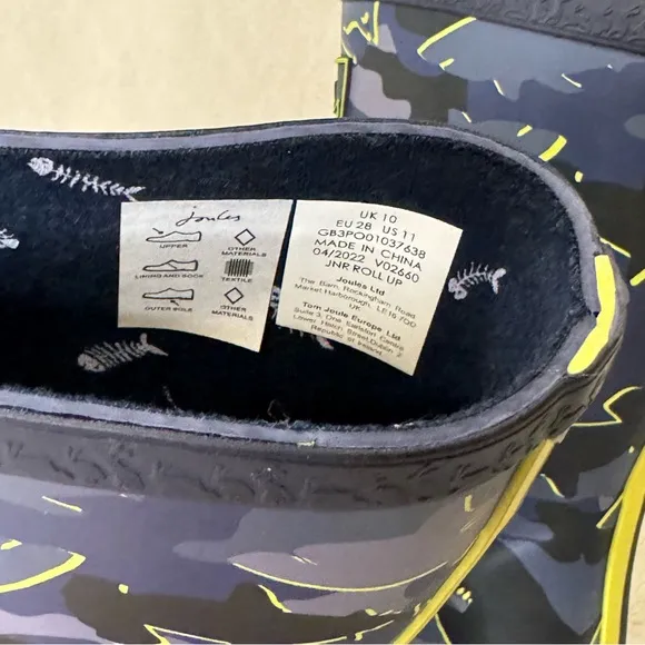 NEW Joules Boys Camo Sharks Junior Roll Up Welly Rain Boot (Size 11) NWT