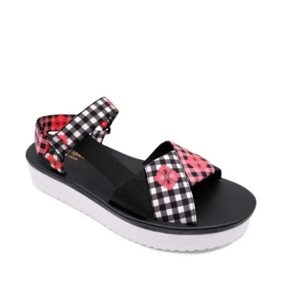 New Kate Spade Dotty Ankle Strap Floral Check Platform Sandal size 7.5