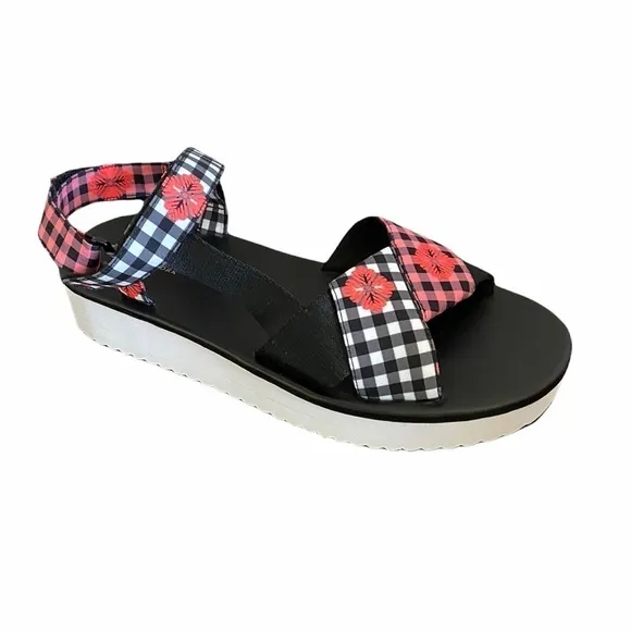 New Kate Spade Dotty Ankle Strap Floral Check Platform Sandal size 7.5