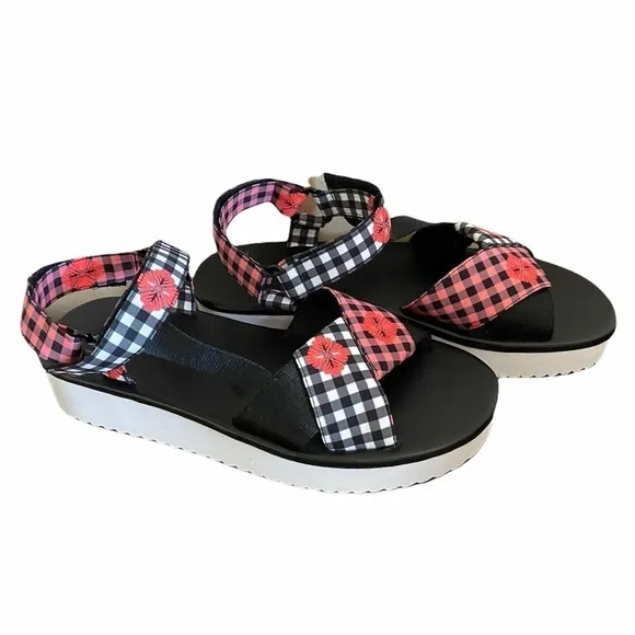New Kate Spade Dotty Ankle Strap Floral Check Platform Sandal size 7.5