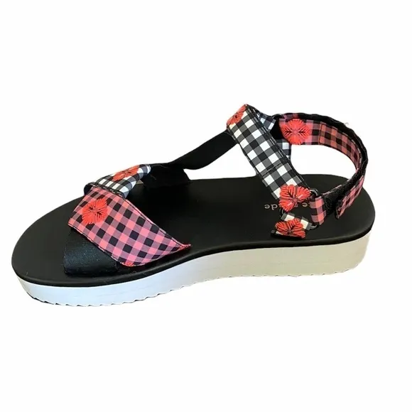 New Kate Spade Dotty Ankle Strap Floral Check Platform Sandal size 7.5