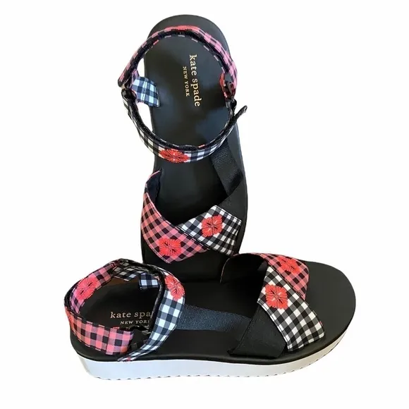 New Kate Spade Dotty Ankle Strap Floral Check Platform Sandal size 7.5
