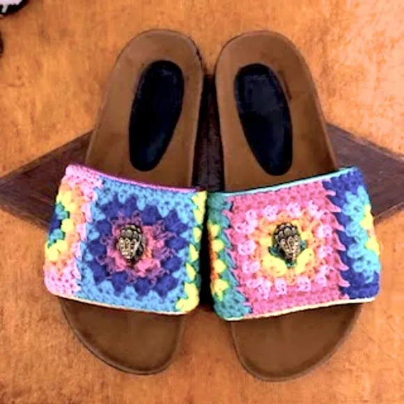 New KURT GEIGER LONDON Ozark Crochet Mule Jeweled Eagle Head Logo 5.5 MSRP $150