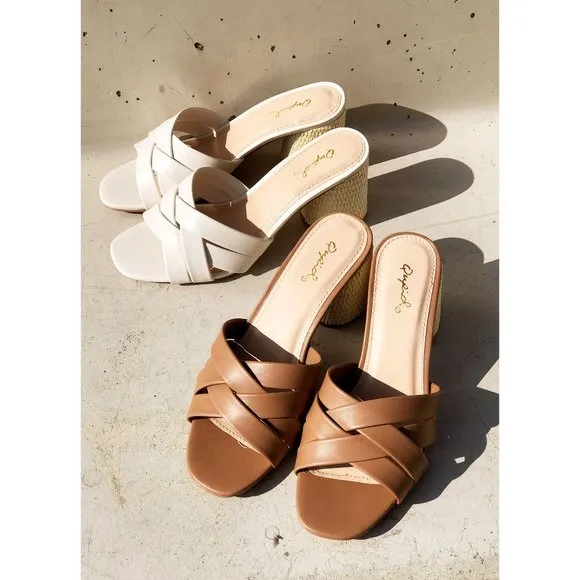 NEW Multi Crisscross Straps Natural Raffia Oval Block Heel Slip On Slide Sandals