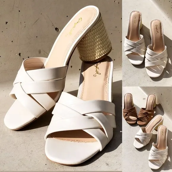 NEW Multi Crisscross Straps Natural Raffia Oval Block Heel Slip On Slide Sandals