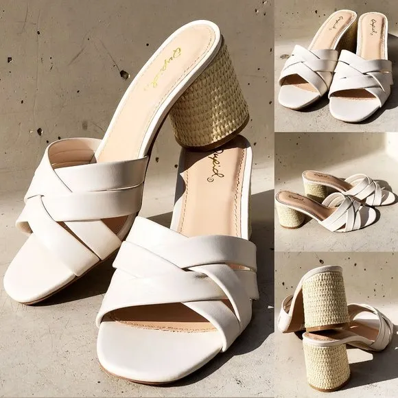 NEW Multi Crisscross Straps Natural Raffia Oval Block Heel Slip On Slide Sandals