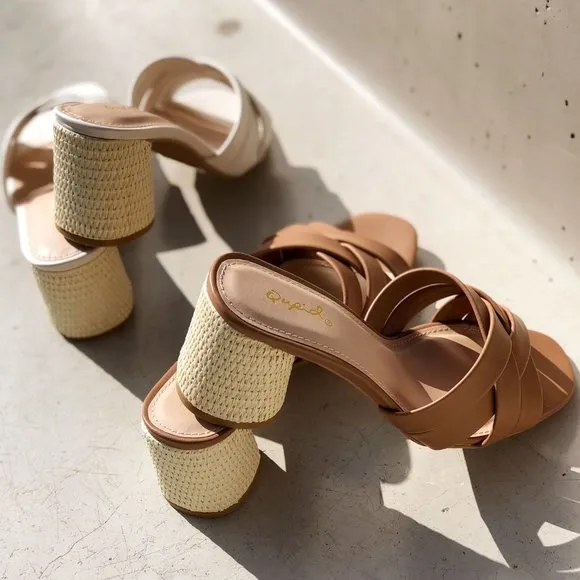 NEW Multi Crisscross Straps Natural Raffia Oval Block Heel Slip On Slide Sandals