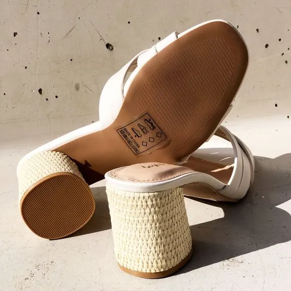 NEW Multi Crisscross Straps Natural Raffia Oval Block Heel Slip On Slide Sandals