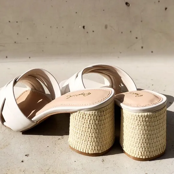 NEW Multi Crisscross Straps Natural Raffia Oval Block Heel Slip On Slide Sandals