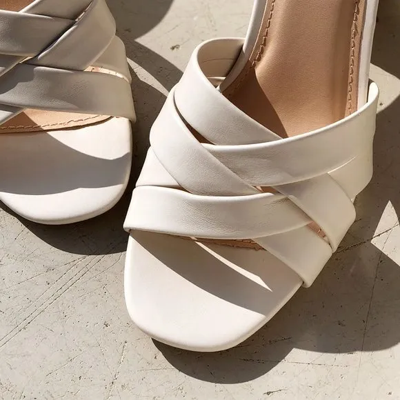 NEW Multi Crisscross Straps Natural Raffia Oval Block Heel Slip On Slide Sandals