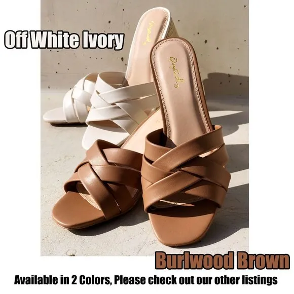 NEW Multi Crisscross Straps Natural Raffia Oval Block Heel Slip On Slide Sandals