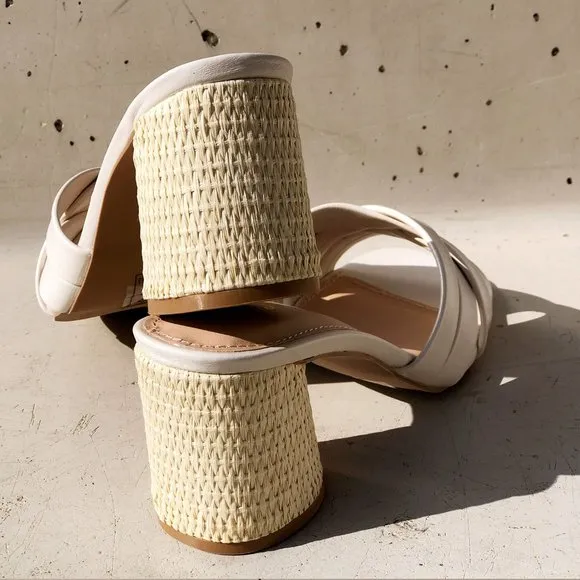 NEW Multi Crisscross Straps Natural Raffia Oval Block Heel Slip On Slide Sandals