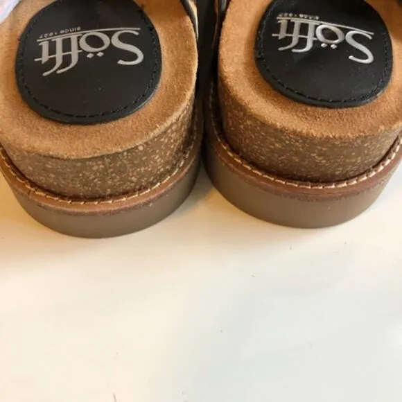 New SOFFT Billie Clog Leopard Fur Black Leather Buckle Slides 7.5