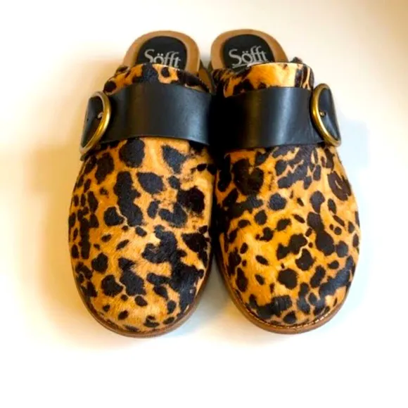 New SOFFT Billie Clog Leopard Fur Black Leather Buckle Slides 7.5