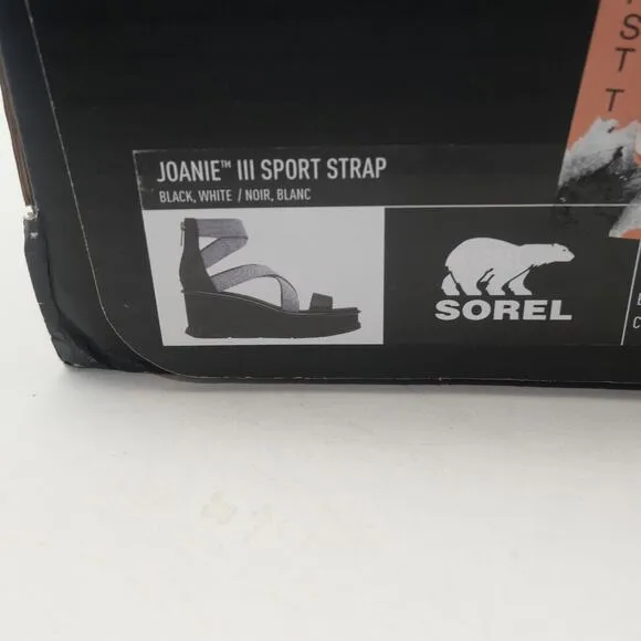 NEW Sorel Joanie III Sport Strap Wedge Sandals Women's 9 Black White
