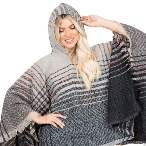 NEW Striped Print Grey Soft Knit Hooded Poncho