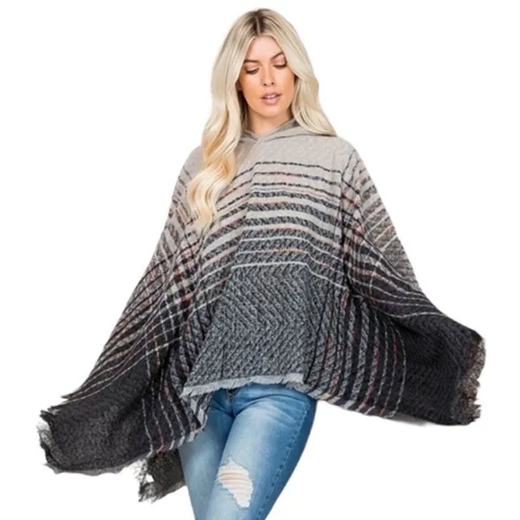 NEW Striped Print Grey Soft Knit Hooded Poncho