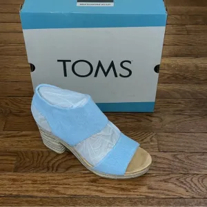 NEW TOMS Majorca Platform Sandals Blue Straps &amp; Tan Woodgrain Women’s Size 11