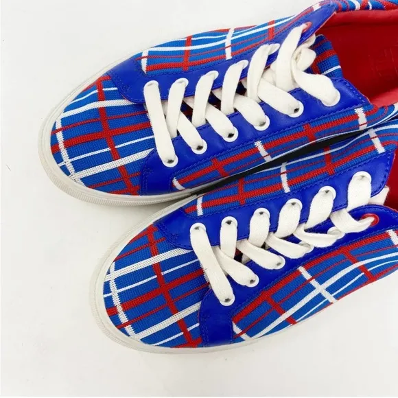 New Tory Sport KNIT JACQUARD GOLF SNEAKERS Blue and Red Plaid Size 8 M