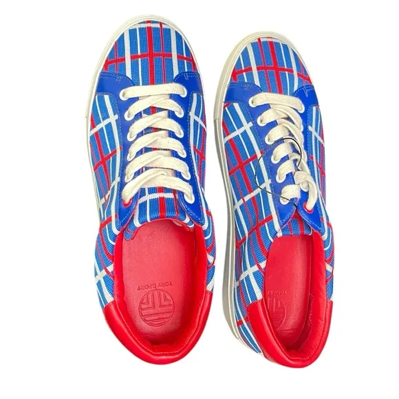 New Tory Sport KNIT JACQUARD GOLF SNEAKERS Blue and Red Plaid Size 8 M