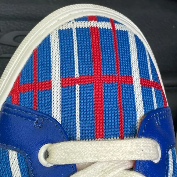 New Tory Sport KNIT JACQUARD GOLF SNEAKERS Blue and Red Plaid Size 8 M