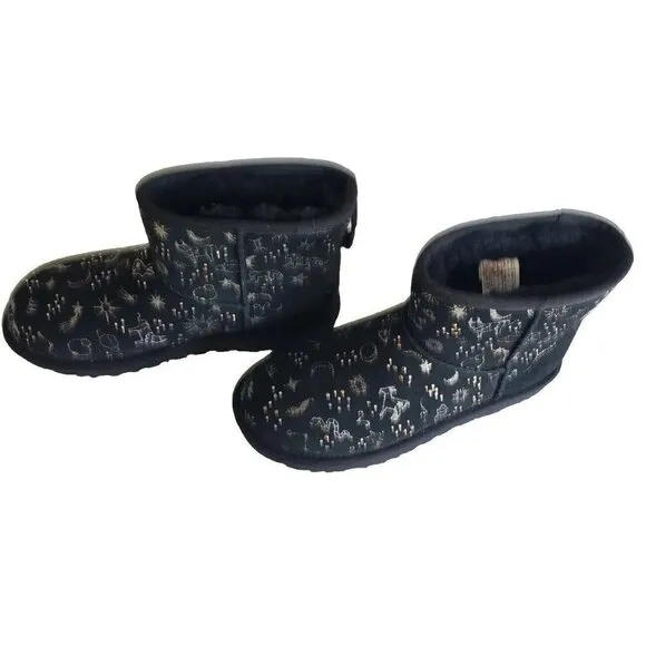 NEW UGG CLASSIC MINI SHIMMERING  ZODIAC SIGNS BLACK BOOTS SZ 5US /36 EU