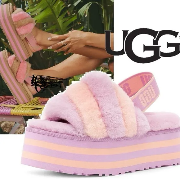 New! UGG Disco Fluffy Pink Footwear-Sandals-Slippers-Slides-Size 8