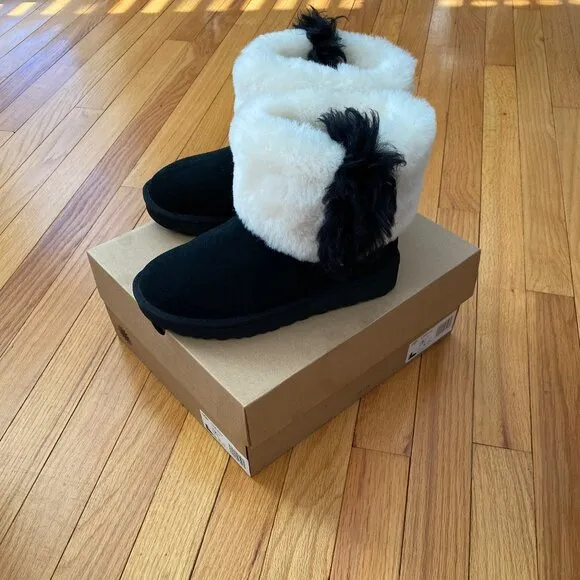 NEW UGG UGG CLASSIC MINI WISP SHEEPSKIN CUFF BLACK BOOTs  Size 7 w/box