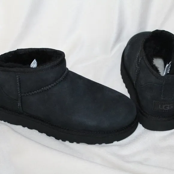 NEW UGG WOMEN'S ULTRA MINI SUEDE SHEARLING LINED‎ BOOTS BLACK