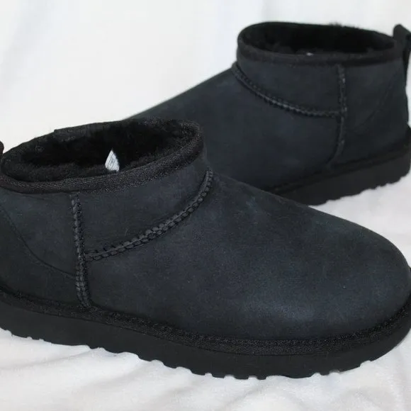 NEW UGG WOMEN'S ULTRA MINI SUEDE SHEARLING LINED‎ BOOTS BLACK