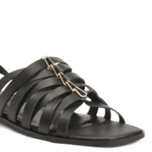 NEW Vince Camuto Black Leather Sandals Square Toe Lavelinn Wrap Around Flats 3M2