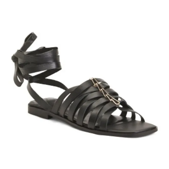 NEW Vince Camuto Black Leather Sandals Square Toe Lavelinn Wrap Around Flats 3M2