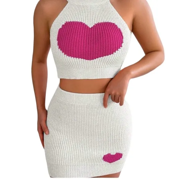 NEW White and Pink Heart Knit Two Piece Mini Skirt Set size Medium
