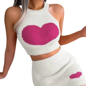 NEW White and Pink Heart Knit Two Piece Mini Skirt Set size Medium
