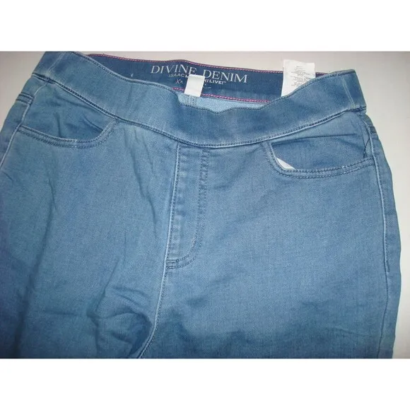 New Womens Isaac Mizrahi Live Divine Denim Pull On Jeans Blue Gold Snaps 14 Tall