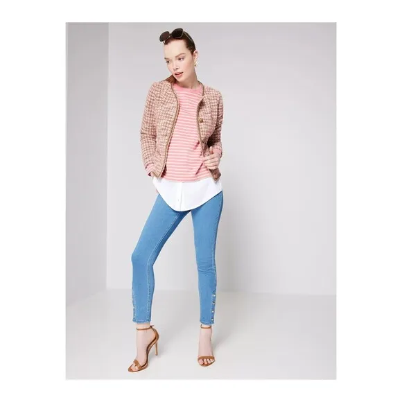 New Womens Isaac Mizrahi Live Divine Denim Pull On Jeans Blue Gold Snaps 14 Tall