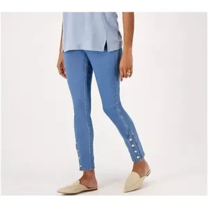 New Womens Isaac Mizrahi Live Divine Denim Pull On Jeans Blue Gold Snaps 14 Tall