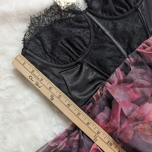 NEW XXS XS formal Strapless lace corset dress pink black Sheer Ruffle Floral