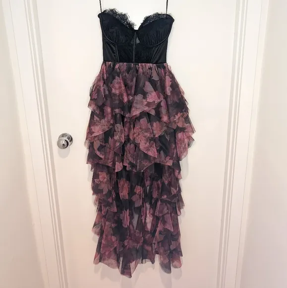 NEW XXS XS formal Strapless lace corset dress pink black Sheer Ruffle Floral