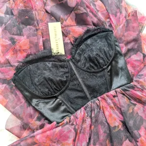 NEW XXS XS formal Strapless lace corset dress pink black Sheer Ruffle Floral