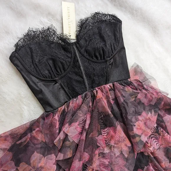 NEW XXS XS formal Strapless lace corset dress pink black Sheer Ruffle Floral