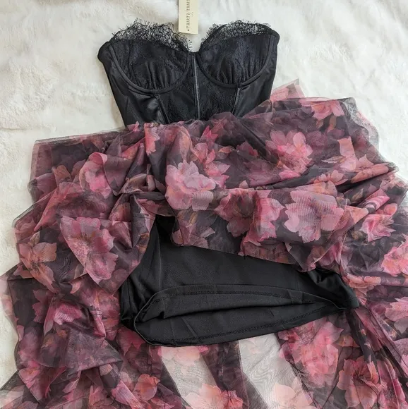 NEW XXS XS formal Strapless lace corset dress pink black Sheer Ruffle Floral