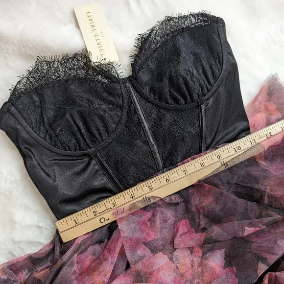 NEW XXS XS formal Strapless lace corset dress pink black Sheer Ruffle Floral