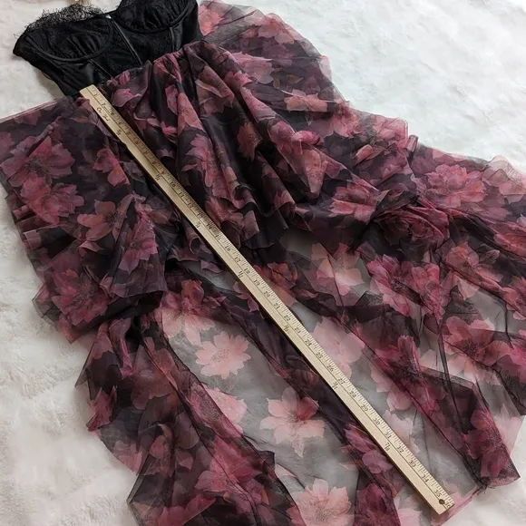 NEW XXS XS formal Strapless lace corset dress pink black Sheer Ruffle Floral