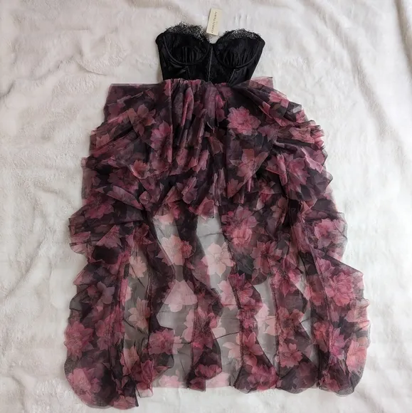 NEW XXS XS formal Strapless lace corset dress pink black Sheer Ruffle Floral