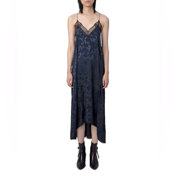 NEW ZADIG &amp; VOLTAIRE Maxi Dress Encre Blue Size M Risty Silk Jacquard Lace