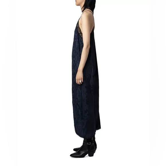 NEW ZADIG &amp; VOLTAIRE Maxi Dress Encre Blue Size M Risty Silk Jacquard Lace