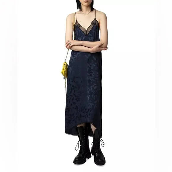 NEW ZADIG &amp; VOLTAIRE Maxi Dress Encre Blue Size M Risty Silk Jacquard Lace